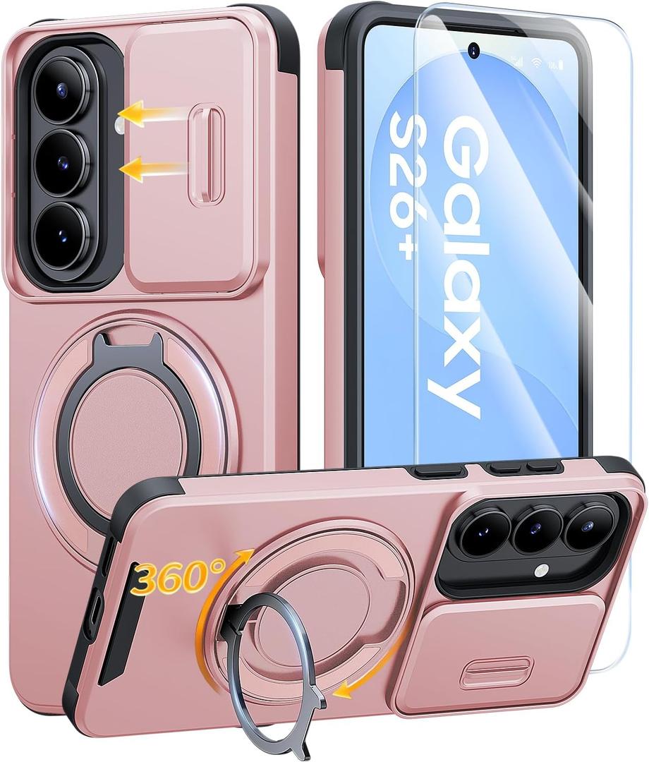JAME for Samsung Galaxy S26+ Plus Case, Ring Holder Stand Kickstand, Slide Camera Cover with Screen Protector, Dual-Layer Shockproof Protective, Magnetic Accessory Friendly S26 Plus Phone Case, Pink