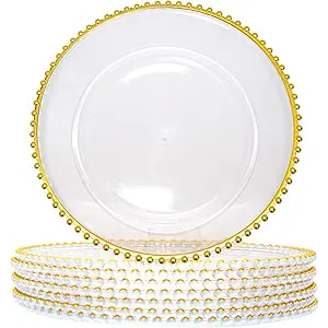 Plastic Acrylic Charger Plates 10PCS, 13" Decoration Diner,Wedding,Party,Event(Gold Bead 10)