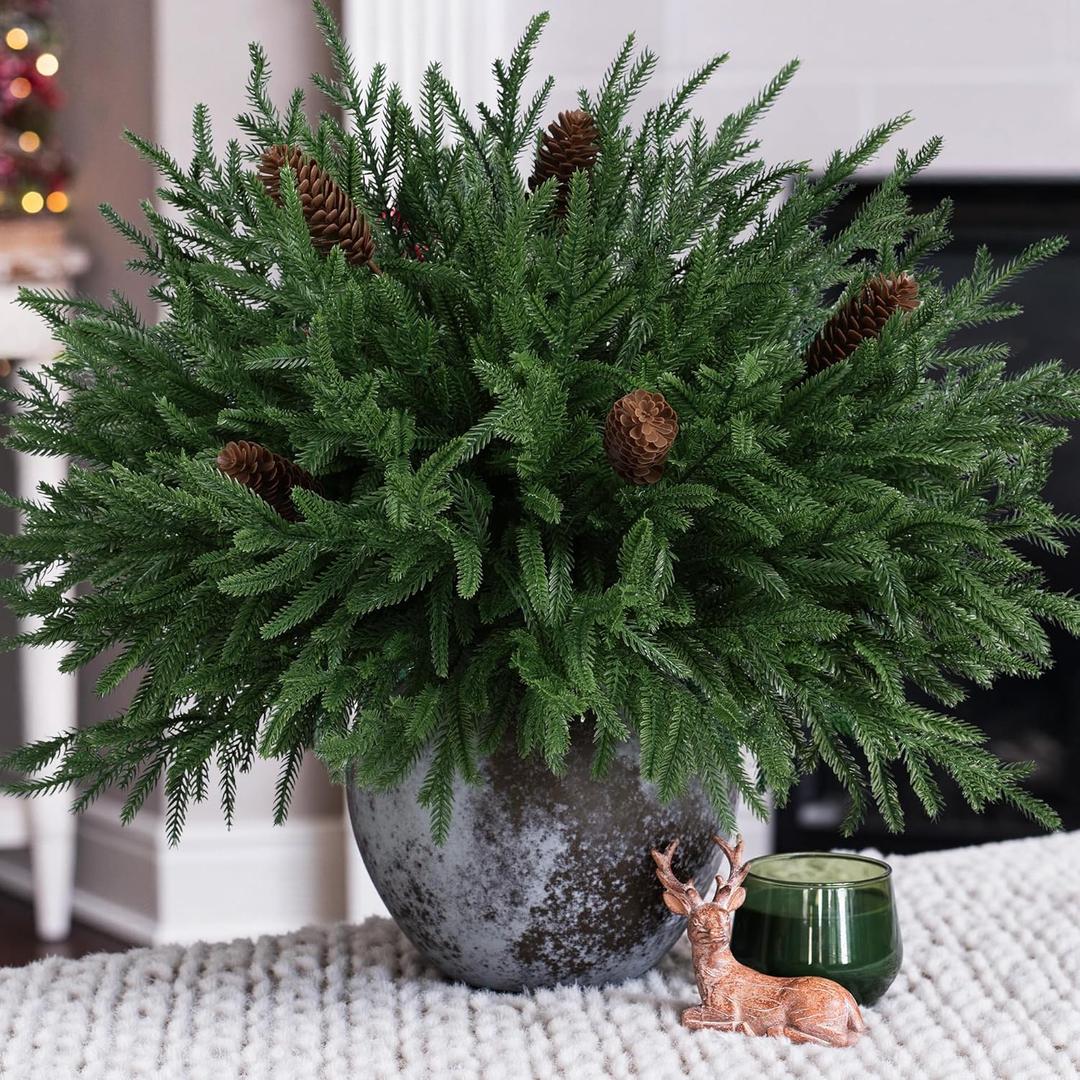 HyeFlora 19 Inch Christmas Norfolk Pine Stems, 12PCS Real Touch Faux Cedar Pine with 5PCS Big Pine Cones Branches, Artificial DIY Greenery Stems Plastic Picks for Vase Indoor Outdoor Home Garden Dcor