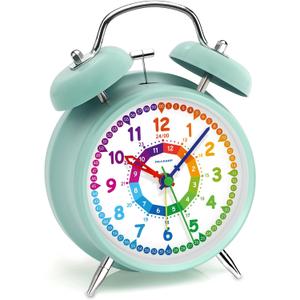 Peakeep Loud Analog Alarm Clock for Kids Learning Telling Time Teaching, 4.5" Twin Bell Alarm Clock Battery Operated for Heavy Sleepers Teenagers Kids(Aqua)