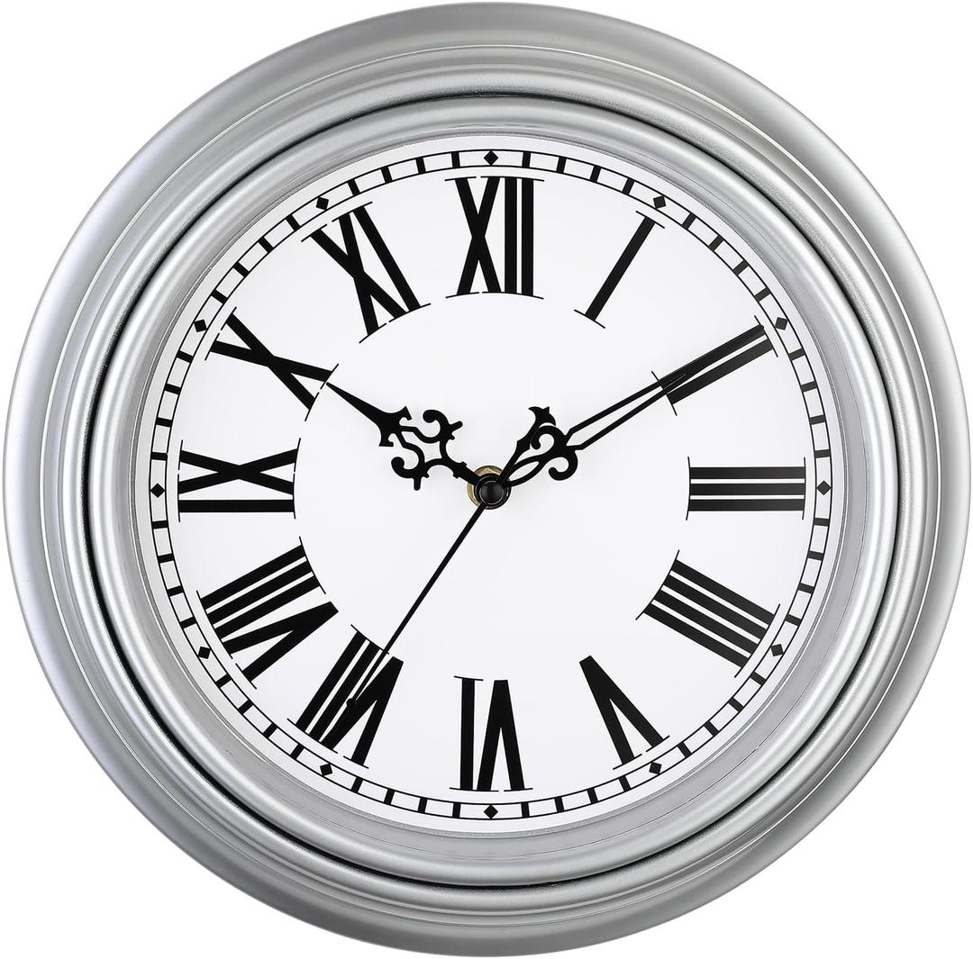 Plumeet Extra Large Retro Wall Clock, 16'' Non Ticking Classic Silent Vintage Wall Clocks Decorative Kitchen Living Room Bedroom, Roman Numerals, Battery Operated, Silver