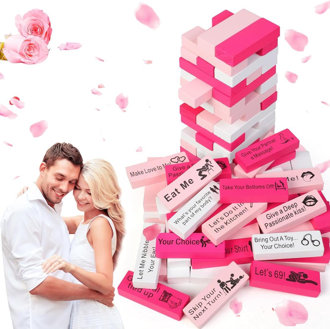 Couple Game for Adults, 54pcs Pink Wooden Lust Tower Game for Naughty Date Night Ideas and Fun Couple Gifts for Her, Unique Stacking Games Gift with 6pcs DIY Blocks