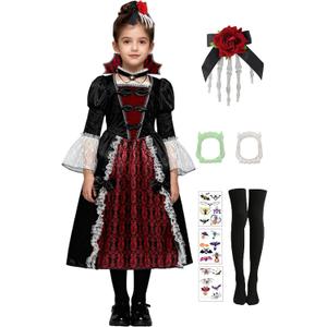 Kids Vampire Costume for Girls 5-14 Years Halloween Costumes Medieval Royal Vampire Dark Princess Cosplay