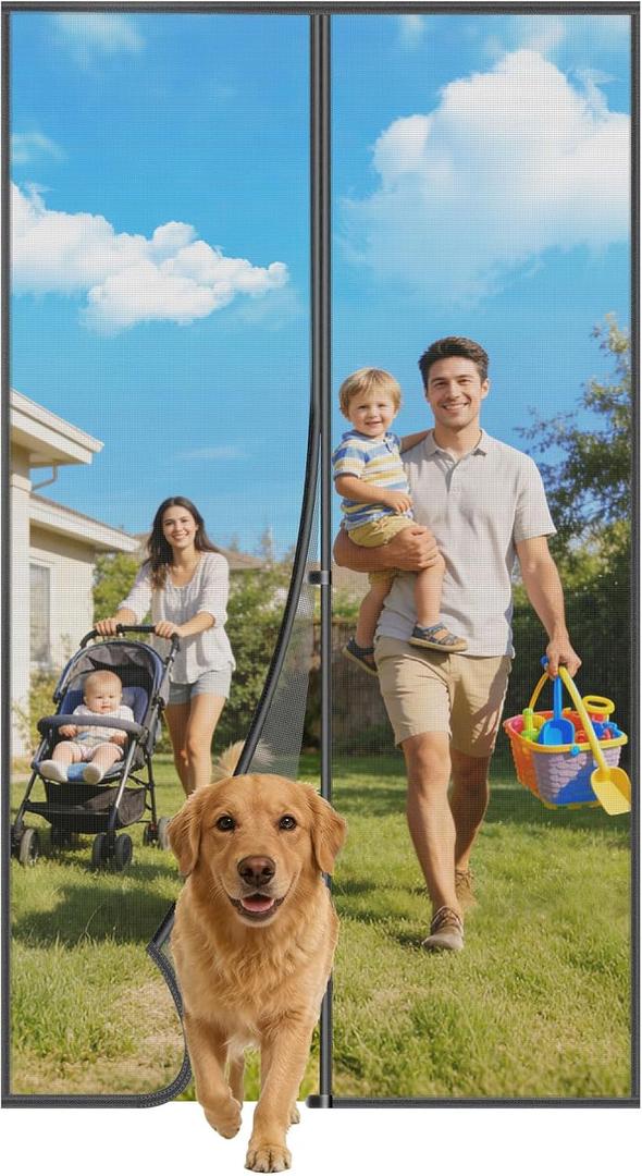 Magnetic Screen Door 34" x 81" with Strong Magnets, Self Sealing Hands Free Mesh Curtain for Interior Door, Fits 32" x 80" Standard US Door, Keep Bugs Out, Pet and Kid Friendly, Easy Install, Black