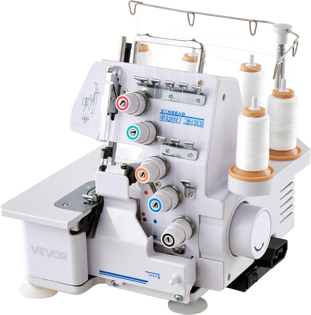 VEVOR Serger Overlock Sewing Machine, 1250 Stitches Per Minute, 2-3-5 Thread Capability, with LED Light and Strong Suction Feet, Heavy-Duty Metal Frame Sewing Machine for Various Fabrics, White