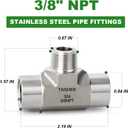 TAISHER 1PCS Forging of 304 Stainless Steel Tee Pipe Fittings, 3/8" NPT Female x 3/8" NPT Male x 3/8" NPT Female Pipe Fittings, Male Branch Tee