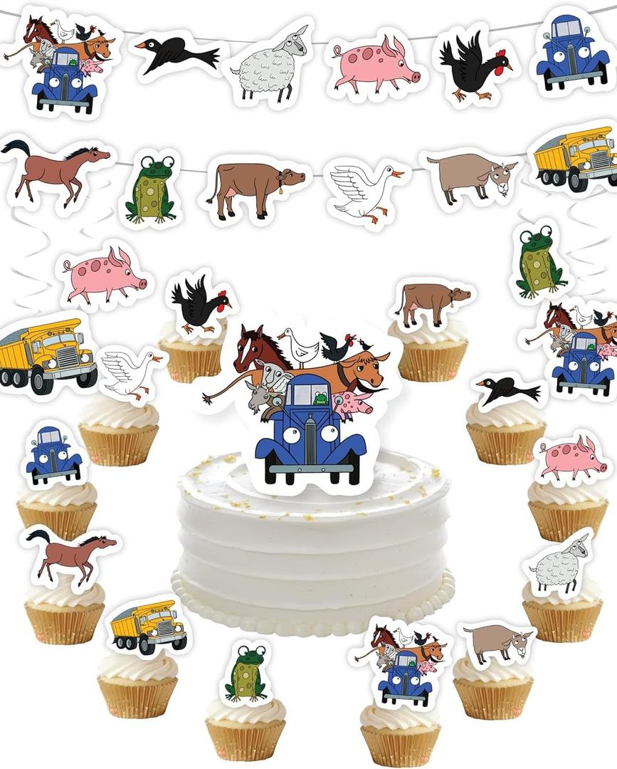 Farm Animal Birthday Party Decorations with Blue Truck (42 Pieces) Birthday Party Banner Cake Topper Cupcake Toppers and Hanging Swirls