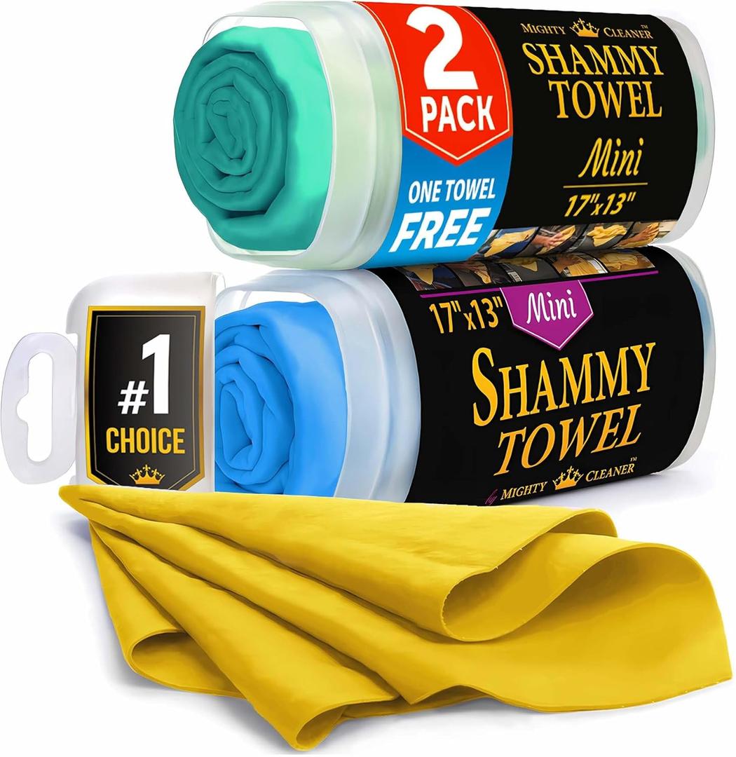 Premium 2pk Mini +1 Free Shammy Cloth for Car Drying - 17x13 - Super Absorbent Chamois Towel for Car - Scratch-Free, Reusable & Soft Cleaning Towel