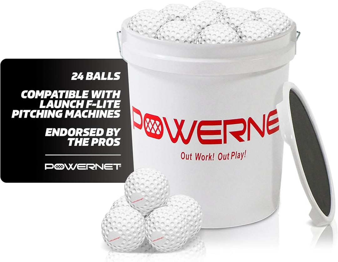 PowerNet Launch F-lite Softball & Baseball Pitching Machine, Dimpled Practice Balls, Bucket of Baseballs, Coaching Bucket Bundle for Pitching Machine, Baseball Training Equipment