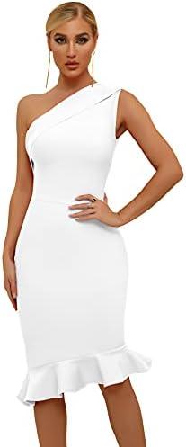Maketina Womens Sexy One Shoulder Bodycon Bandage Dress Mermaid Cocktail Midi Dresses Trendy 2025, L