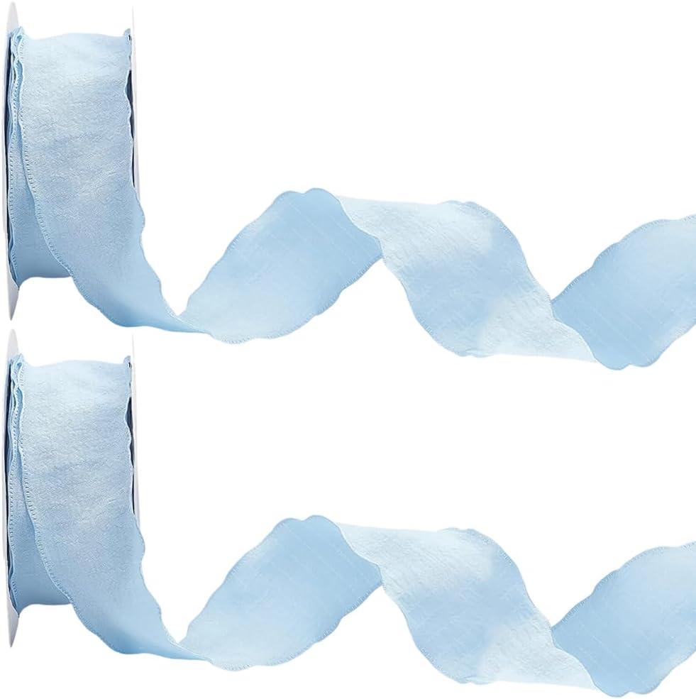 2 Rolls 20 Yards 1.5 Inch Ruffle Edge Ribbon Blue Double Ruffled Pleated Soild Chiffon Silk Polyester Gathered Fabric Satin Ribbons Trim for Sewing Making Crafts Gift Wrapping Christmas DIY