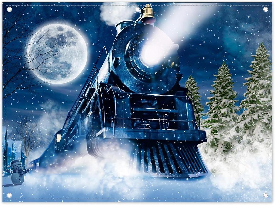 Fabric 8x6ft Winter Train Photography Backdrop Christmas Snowy Moon Night Pine Tree Railway Background Kids Adult Party Decorations Photo Banner Props