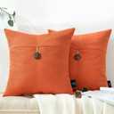 Phantoscope Pack of 2 Farmhouse Throw Pillow Covers Premium Coconut Button Vintage Linen Solid Decorative Pillow Cover for Couch Bed and Chair Orange 18 x 18 inches