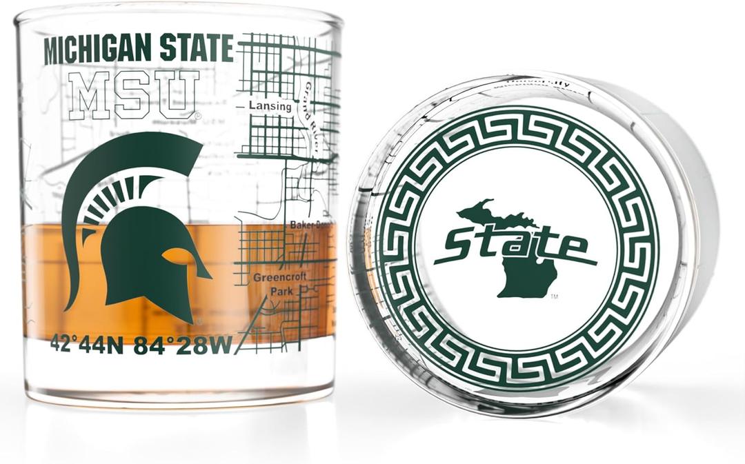 Greenline Goods  Michigan State University Spartans College Whiskey Glasses (Set of 2), 10 oz  Full-Color Logo + Campus Map