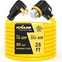 25 Feet 50 Amp RV/Generator Cord, UL Listed, 100% Copper Wire, NEMA 14-50P to SS2-50R Twist Lock, Newly Designed 90Grip Handle, 6/3+8/1 Gauge STW Wire