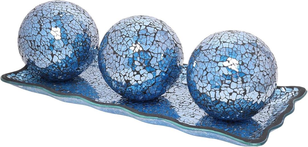 VCUTEKA Decorative Balls and Glass Bowl, 4 Inch Mosaic Sphere Balls Centerpiece Balls for Coffee Table, Home Decor, Wedding Party Decor, Blue