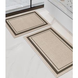 Chakme 2 Piece Bathroom Rug Set, Ultra Thin Bath Mat, Absorbent, Non Slip, Machine Washable, Light Beige, 17"x24"+17"x32"