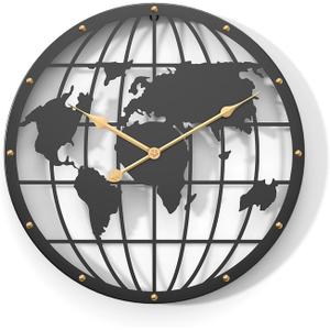 Large World Map Living Room Decor Wall Clock, Silent Non-Ticking Battery Operated Wall Clocks for Farmhouse,Kitchen,Dining Room,Office (20 inch) (Black)