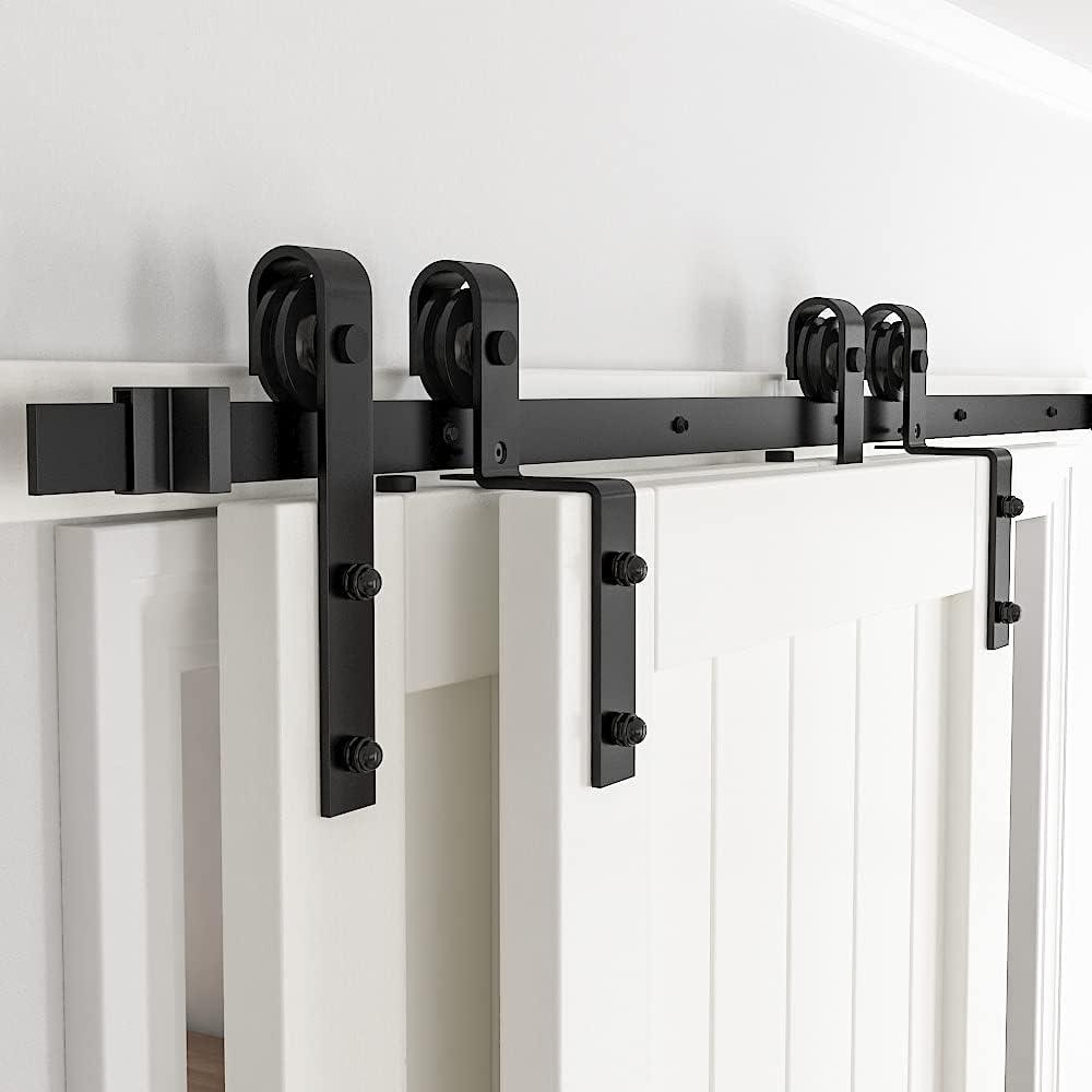 skysen 6FT Heavy Duty Sliding Barn Door Hardware Single Track Bypass Double Door Kit Black(Bypass J Shape-1)