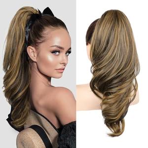 SEIKEA Ponytail Extension, 18" Wavy Claw Clip in Hair Extensions for Women, Lightweight Fluffy Synthetic Ponytail Hairpiece, Natural Soft & Easy to Wear, for Short Brown/Caramel Blonde Highlights