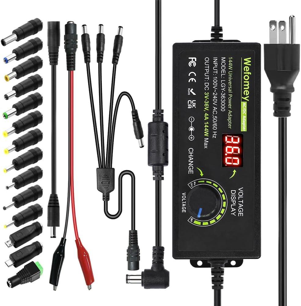 Universal Power Supply 3V~36V 4A 144W Adjustable Variable 3V 5V 9V 12V 24V 30V 36V AC/DC Adapter Charger, 100V-240V AC to DC Converter with 14 Tips, Polarity Converter and 4-Way Power Splitter Cable