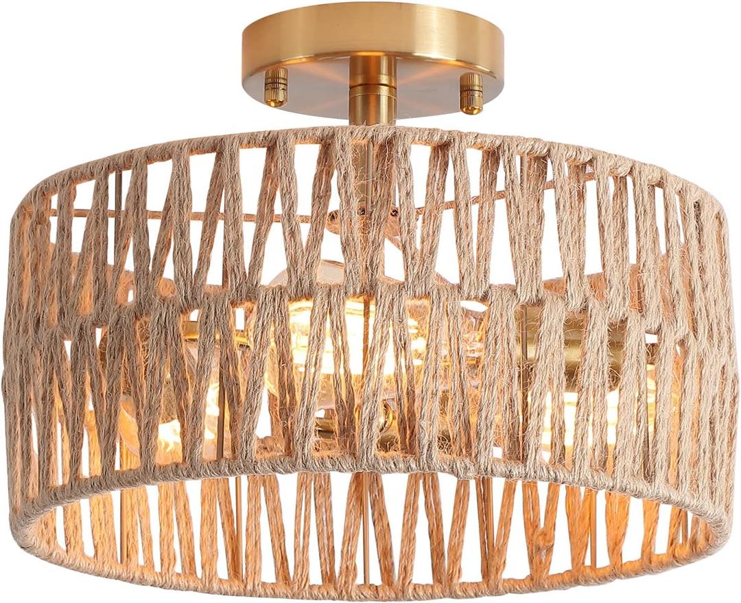 3-Light Antique Gold Woven Flush Mount Light Fixture Rustic Coastal Hemp Rope Brass Semi Flush Mount Ceiling Light for Hallway Bedroom Kitchen Entryway Farmhouse Living Room