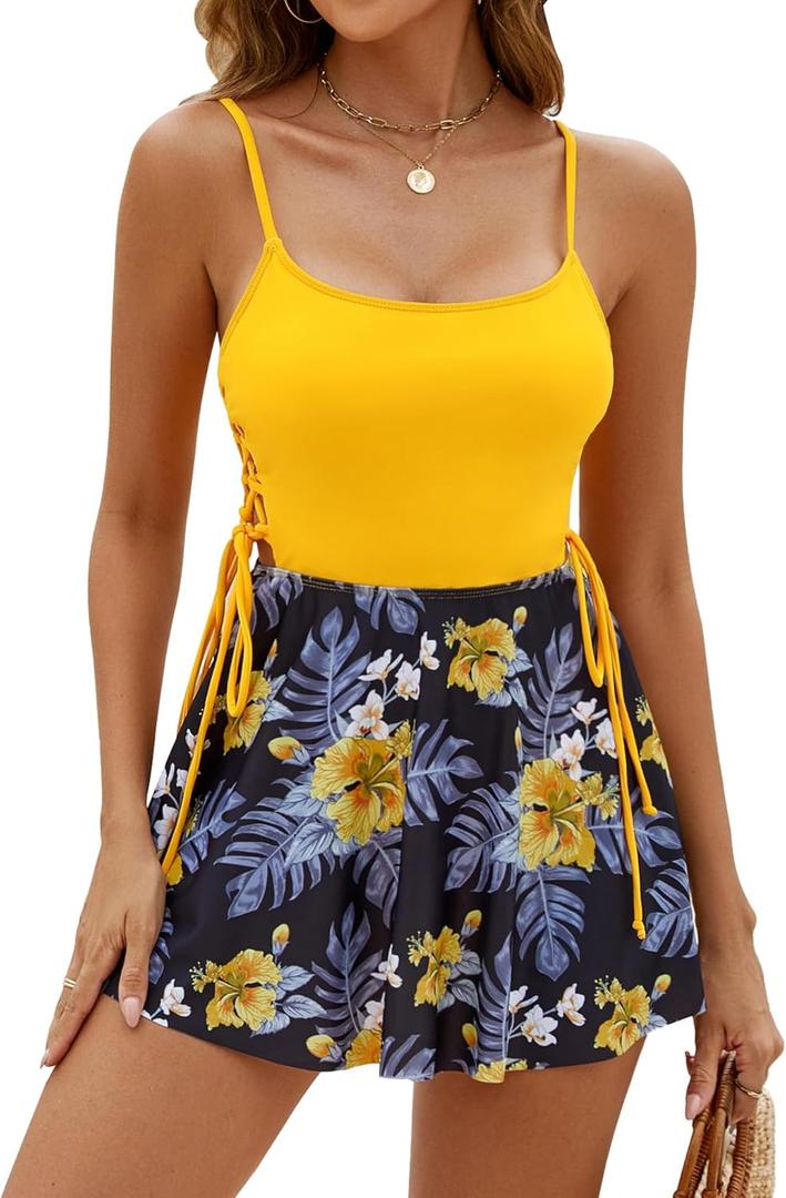 One Piece Swimsuit Women Tummy Control Bathing Suit Floral Modest Swim Suits Dress with Skirt 2025 Teens Tankini (X-Large)