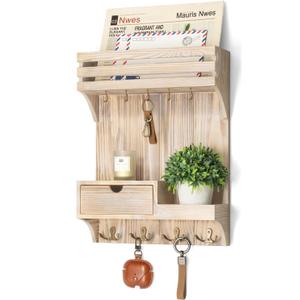 Rebee Vision Decorative Key Holder Wall Mount with Mini Drawer Organizer - Farmhouse Key Holder for Wall with Mail Organizer & 9 Key Hooks - Ideal Room Decor Aesthetic (Natural Wood)