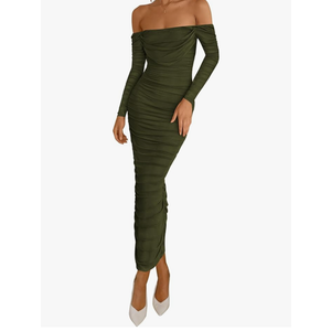 PRETTYGARDEN Womens 2026 Fall Long Sleeve Maxi Dress Off Shoulder Mesh Ruched Bodycon Trendy Long Wedding Guest Dresses(Size M)
