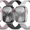 3 Pack Slim Metal Loop Compatible with Apple Watch Band 42mm 41mm 40mm 38mm 46mm 45mm 44mm 49mm Women Men, Thin Stainless Steel Magnetic Strap for iWatch Bands Series 11 10 9 8 SE 7 6 5 4 3 Ultra (Pink/Black/Silver)