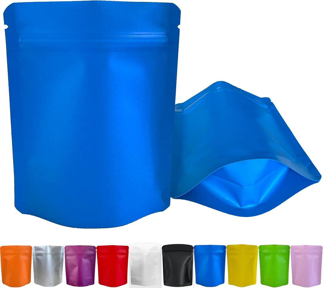 100 Pack Premium Smell Proof Mylar Bags, Resealable Food Storage Bags with Double-sided Matte Printing, 5" x 4" Aluminum Foil Stand-up Packaging Bags. (Blue)