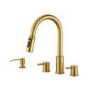 Tohlar 4 Hole Kitchen Faucet, Brushed Gold Kitchen Faucet with Soap Dispenser and Pull Down Sprayer 3 Modes Kitchen Sink Faucets, Stainless Steel High Arch Kitchen Sink Faucet with Separate Handle
