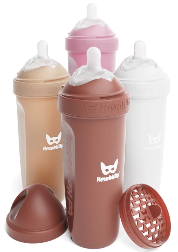 Herobility Anti-Colic Baby Bottles 12 fl oz/340ml - Pack of 4 Plastic Baby Bottles, Slow Flow Plastic Bottles, Breast-Shaped Teat for Breastfed Babies - Multicolor - Sand, Woodchuck, White
