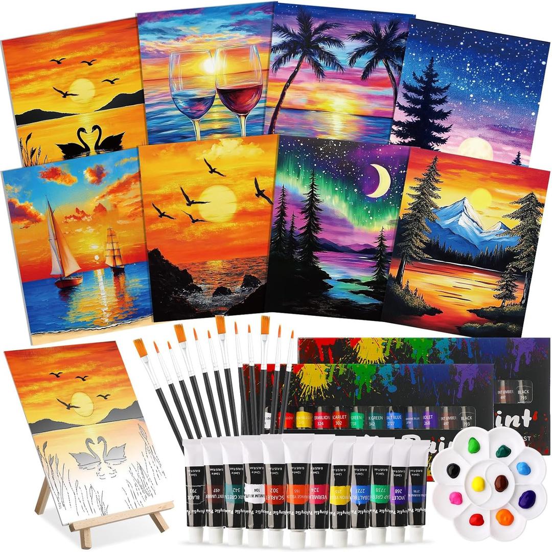Cholemy 36 Pcs Valentine Paint and Sip Kit for Adults 8''x10'' Pre Drawn Canvas for Painting DIY Afro Acrylic Painting Kit Wood Easel Brushes Date Night Bulk for Party Gifts