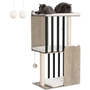 FourFurPets 43.8in 3-Tier Modern Cat Tree Tower Condo, Cat Scratch Posts for Indoor Cats, Big Plate, Two 19.7in Full Sisal Scratching Posts, Greige