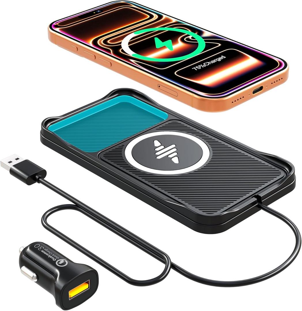 Wireless Car Charger Pad, 15w Fast Car Wireless Chargers Charging pad Non Slip Charger for Car Wireless Phone Charger for iPhone 17/16/15/14/13/12 Pro, SE3/SE2/XS/X/XR/8, 30cm Cable
