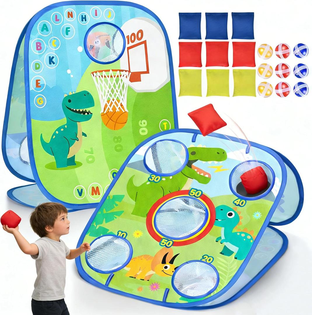 6-in-1 Dinosaur Bean Bag Toss Game - Outdoor Toys for Toddler 1-3, ABC Alphabet & Math Learning Active Play Toy - Indoor Backyard Party Game Beach Games