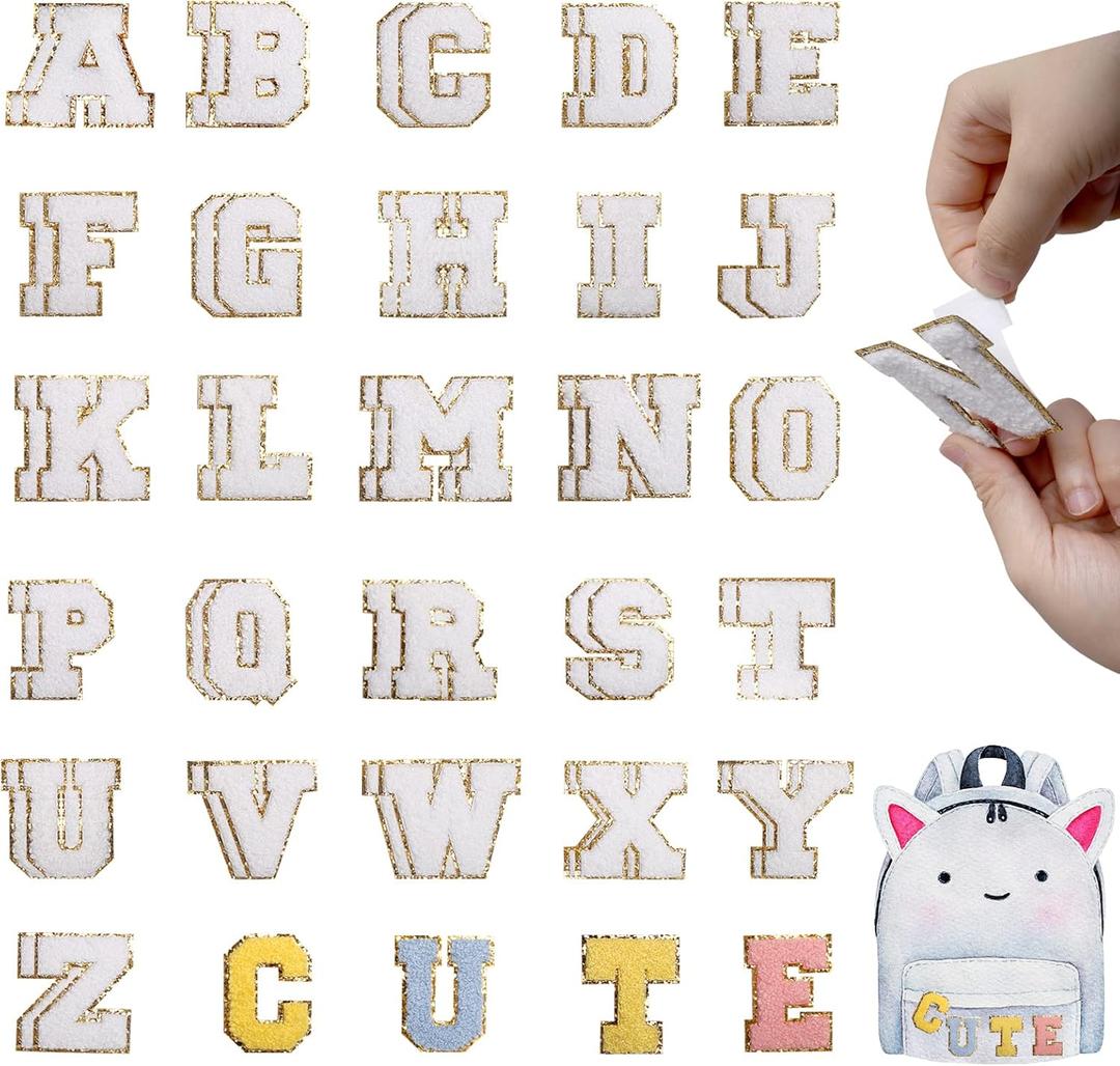 56 PCS 2 Inch Self-Adhesive Chenille Letters Patches, White Letter Stickers on Patches Varsity Letter Patches for Clothing Jackets Backpacks Hats Repair Alphabet Embroidered Applique