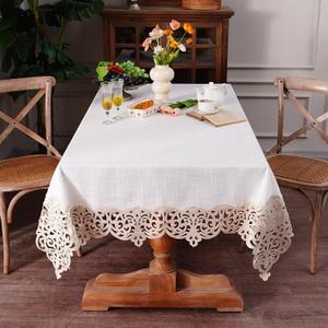 Rectangle Tablecloth Offwhite Farmhouse Elegant Table Cover with Hollow Vintage Lace Border for Christmas Kitchen Home Outdoor Indoor Dining Decor (Beige, 60 x 84 Inches)