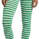 ToBeInStyle Women's Thin Horizontal Stripe Opaque Tights Pantyhose - Regular or Plus (White/Kellygreen)