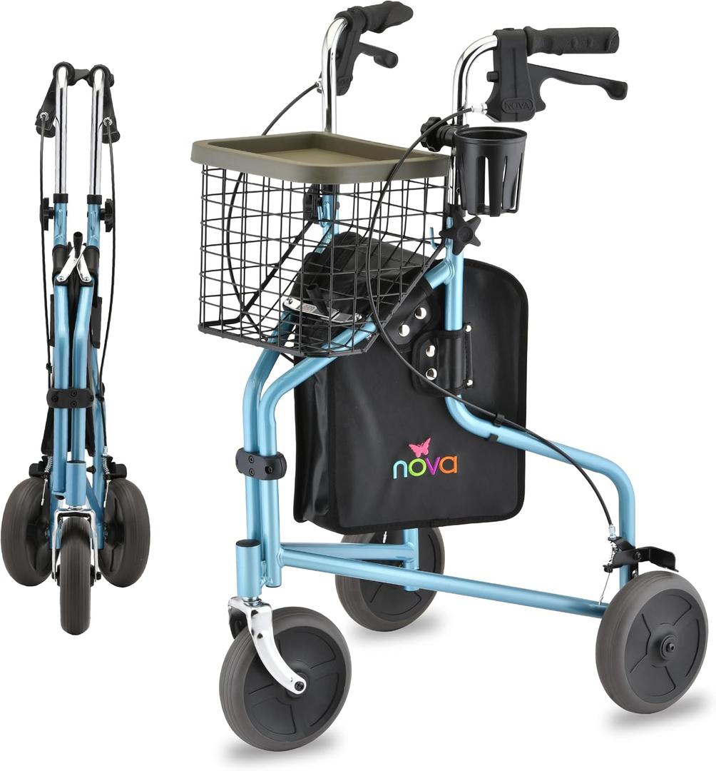 NOVA Traveler Folding 3-Wheel Walker with Tray, Basket, Pouch & Cup Holder, Lightweight Mobility Aid for Seniors & Adults, 8 All-Terrain Wheels for Tight Spaces & Travel, Sky Blue
