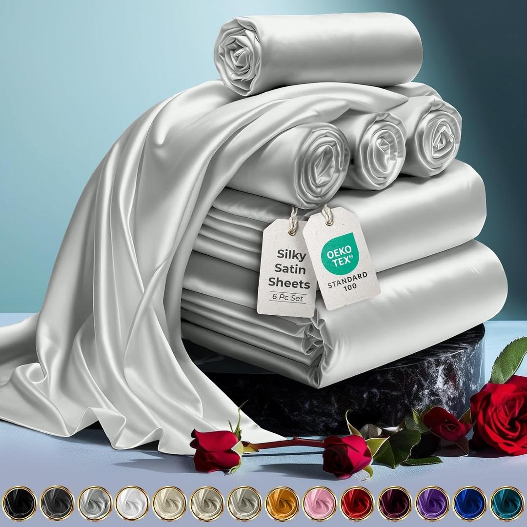 DECOLURE Satin Bed Sheets - 6 Piece Luxury Silky Queen Size Bedding Set - Softer Than Silk, Wrinkle-Free with 15 Deep Pocket Fitted Sheet, Perfect for Hair & Skin, Gifts for Women (Grey)