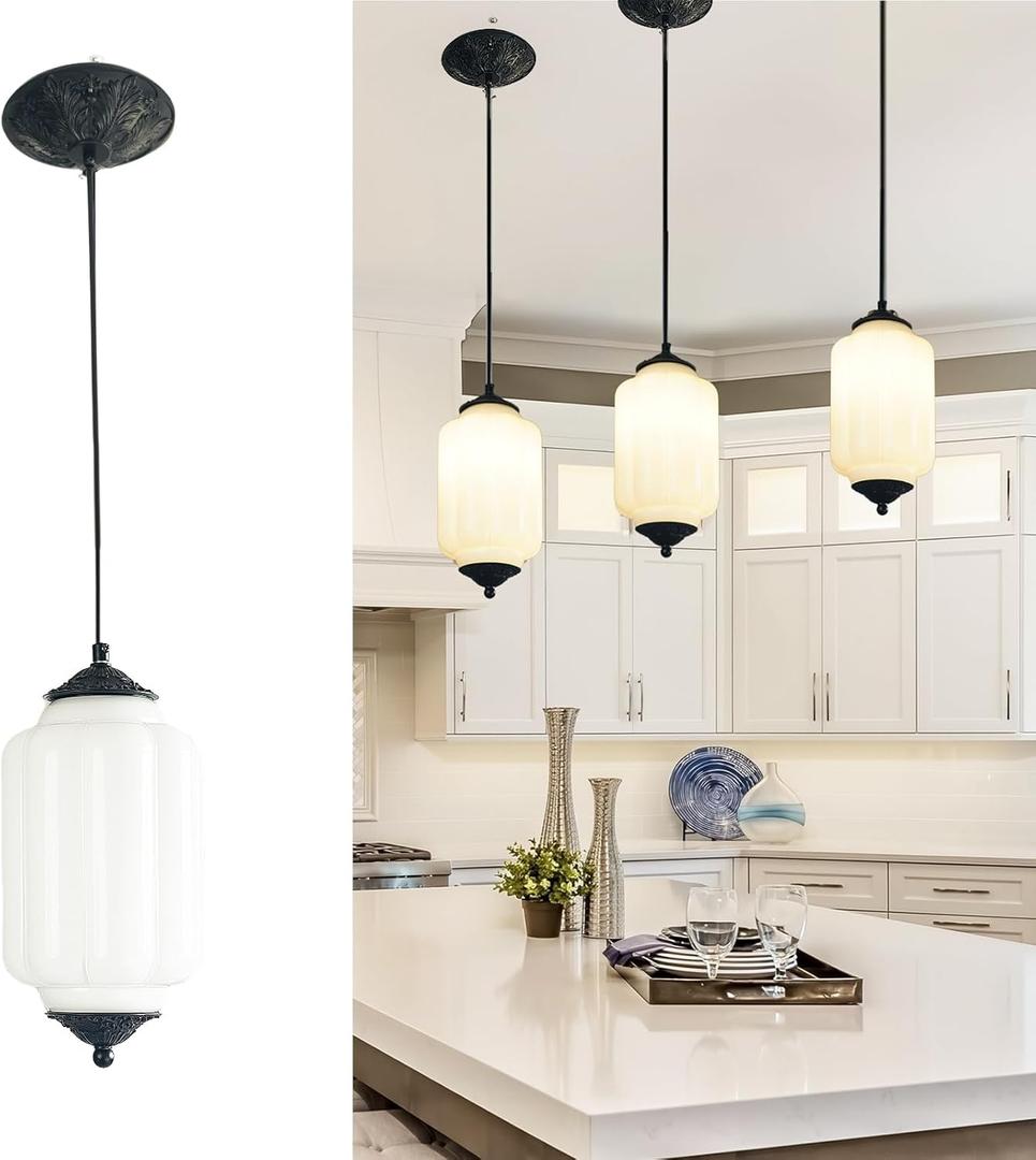 Vintage Milk Glass Pendant Lights Kitchen, Brass Color Glass Ceiling Light Fixture, Retro Industrial Pendant Lighting for Dining Room, Kitchen, Bedroom, Entryway, Hallway (White, 5.5in)