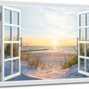 Beach Sunset Picture Wall Art Fake Open Window Ocean Natural Scene on Canvas Prints for Yellow Home Decor 36 x 24