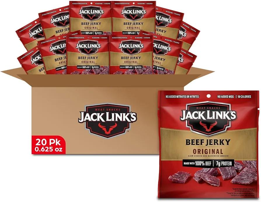 Jack Link's Beef Jerky Multipack - Original - Made with 100% Real Beef - Ready to Eat Real Meat Protein Snacks - 7g Protein per Serving - 0.625 oz Bags (20 Pack) BB Date Not Found 