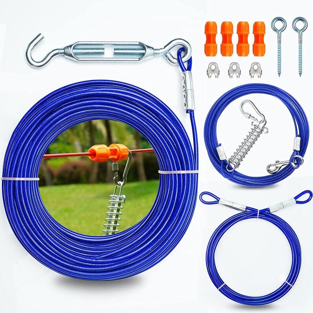 Heavy Duty Aerial Dog Tie Out Trolley System for Small to Large Dogs - Run Cable 100ft /75ft Zipline with 10ft Runner Cable Great for Yard (Blue, 100 ft for one Dogs up to 300 lbs)