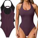 OQQ Women Halter Neck Bodysuits 2 Pack Sleeveless Shapewear One Piece Leotard Shirt Going Out Tops, XL