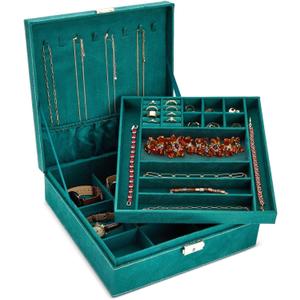 Juvale Velvet Jewelry Box Organizer - 10.5 x 10.5 x 3.5 in, Green - Lockable 2-Tier Travel Jewelry Case & Earring Storage - Removable Tray & Built-In Necklace Organizer