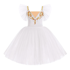 IBAKOM Girl Ballet Leotard Swan Lake Dance Dress Ruffle Sleeve Ballerina Maxi Tulle Tutu Teen Halloween Ballet Dance Outfits, 6Y
