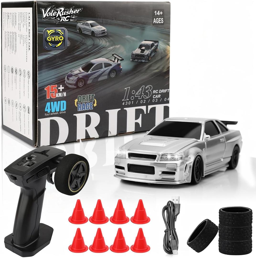[2026 New Upgrade 1/43 Scale Mini RC Drift Car with Gyroscope, Toys for Age 8-14 Old Birthday Gifts, Micro Small with Full Proportional RTR 2.4GHz Remote 2 Tire Sets 8 Cones - Silver